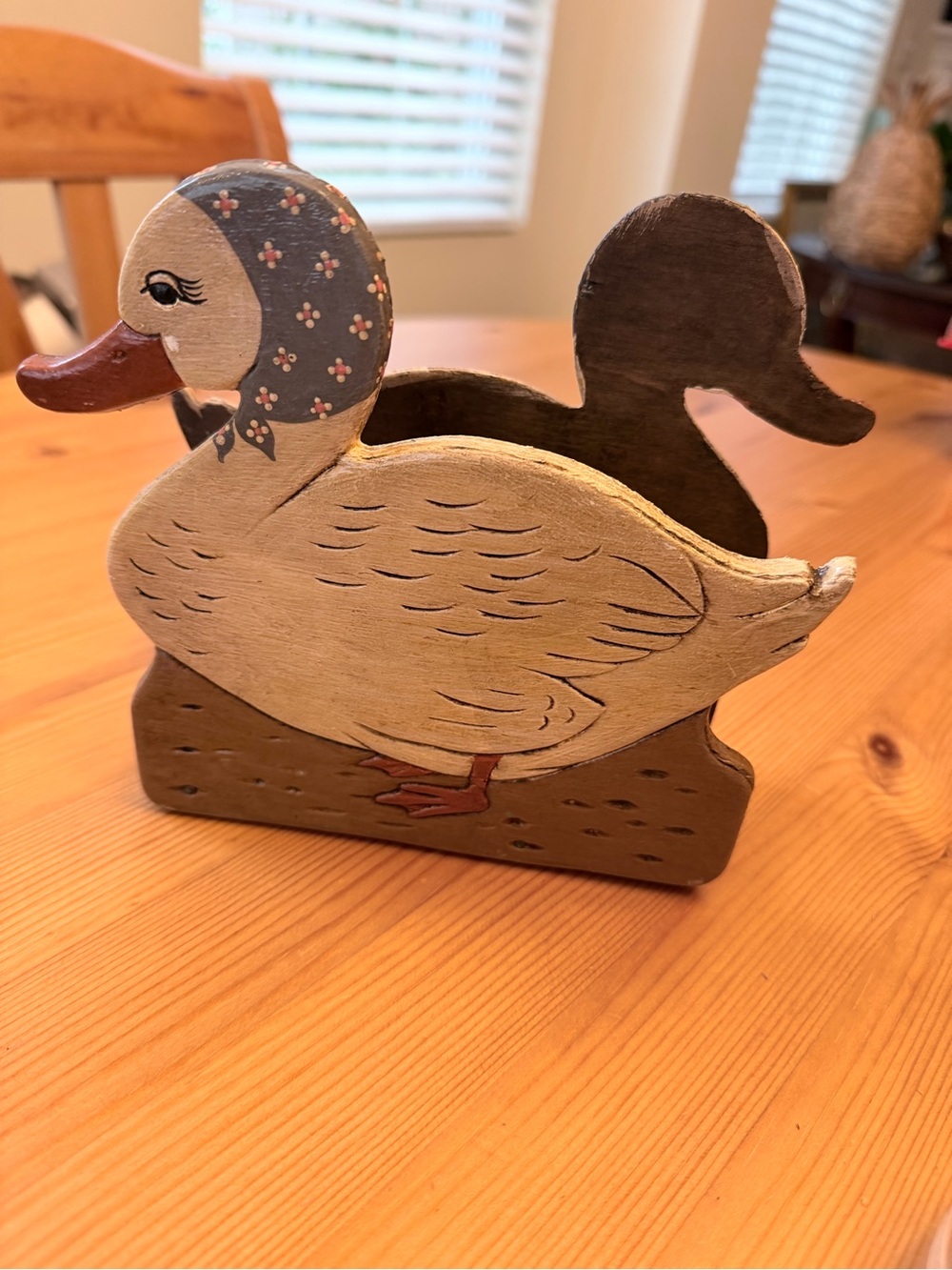 Hand-Painted Duck Wooden Napkin Holder in Cream, Blue, Brown